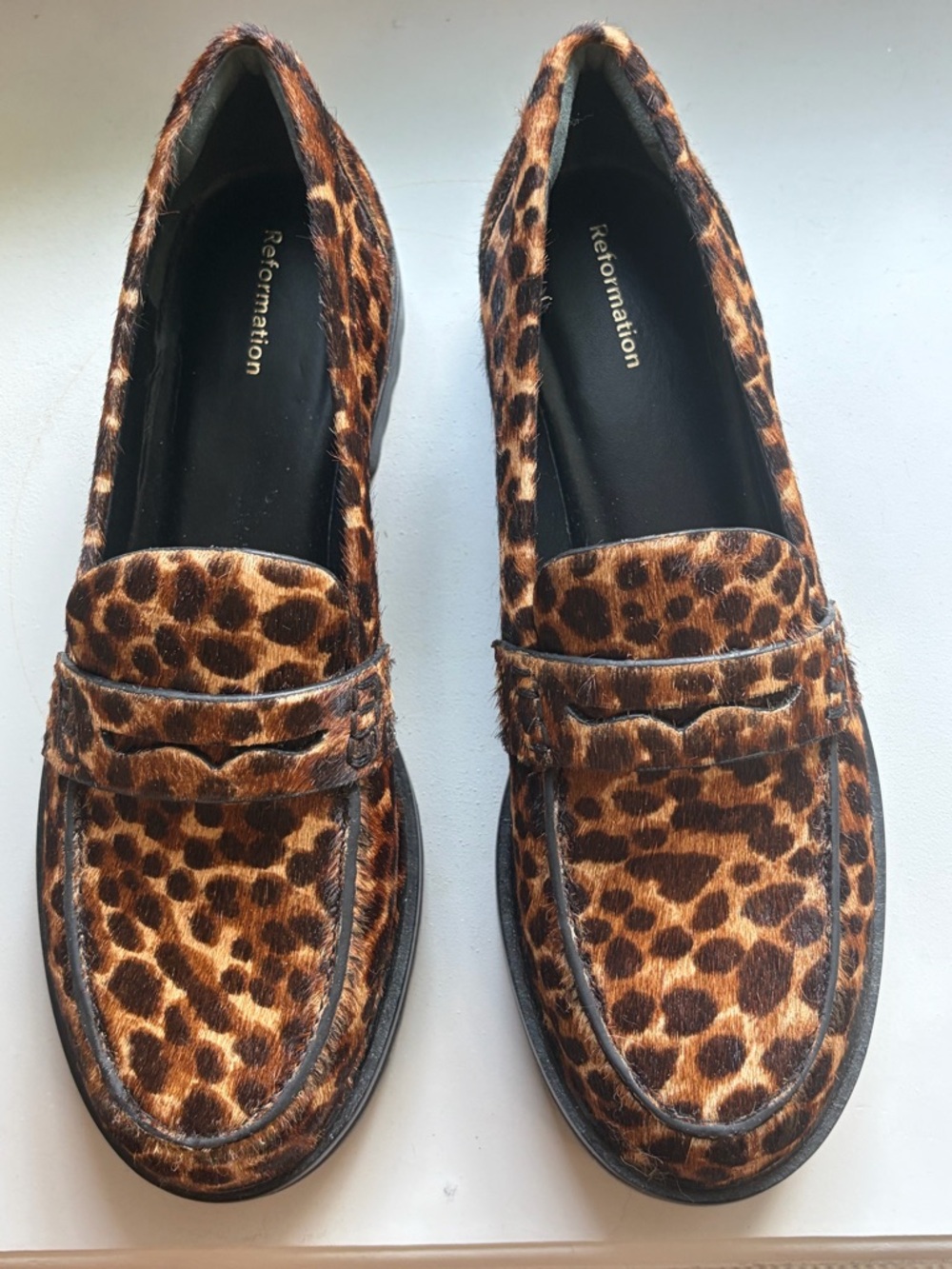 New, never worn Reformation leopard  calf hair loafers. Women’s size 8.